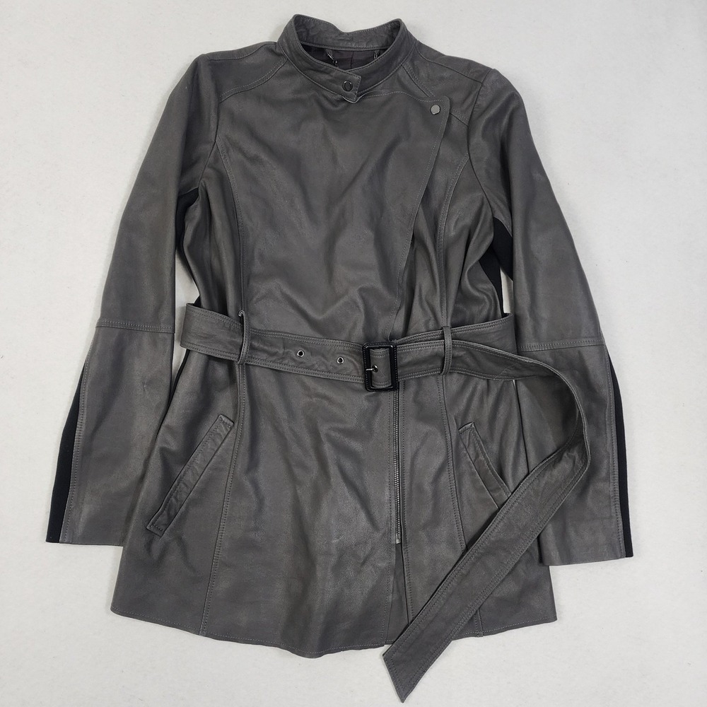 Bernardo Biker Jacket Womens Small Black Leather Belted Asymmetrical Moto Zip